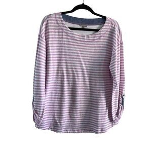 T By Talbots Women Petite LP White/Lilac Purple Striped French Terry Top